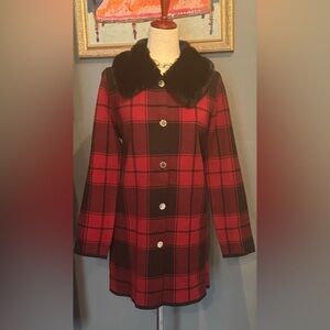 Anne Klein Red and Black Plaid Sweater Coat with Faux Fur Collar